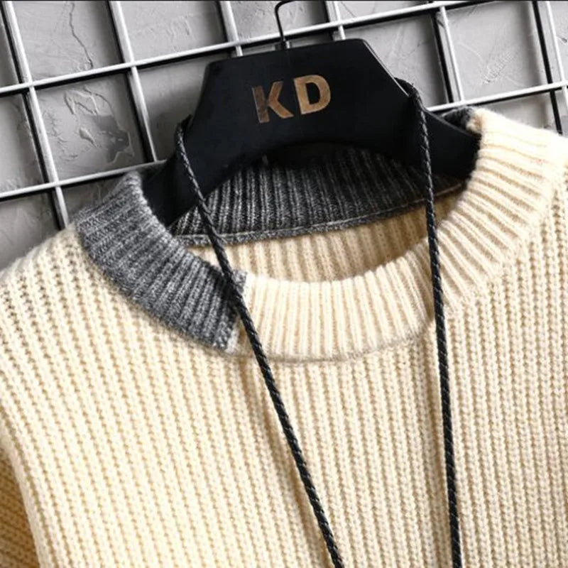 Sweater Warm  Fashion Stitching  Matching Pullover Round Neck