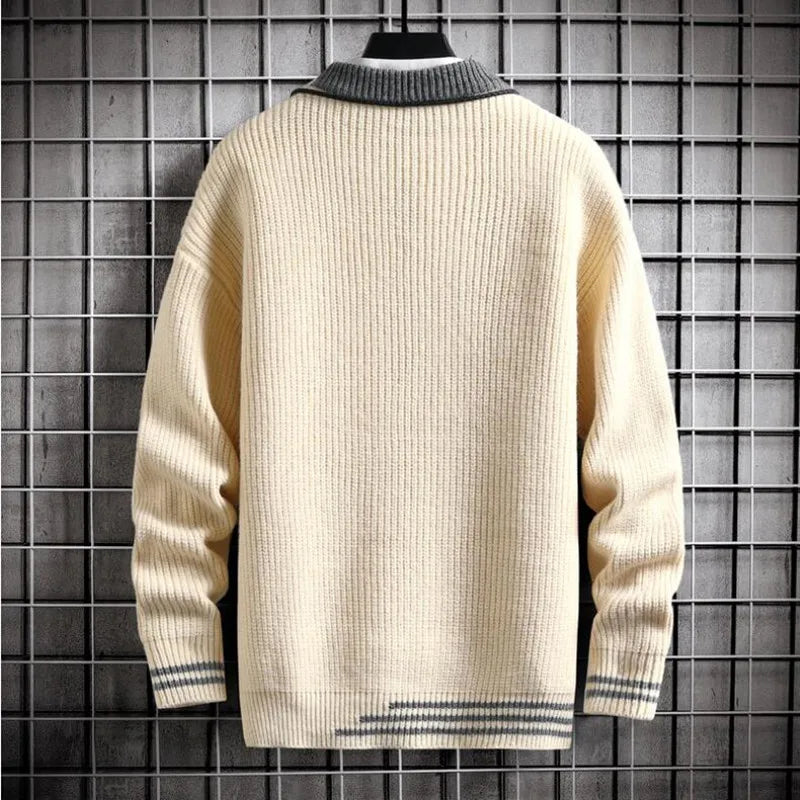 Sweater Warm  Fashion Stitching  Matching Pullover Round Neck