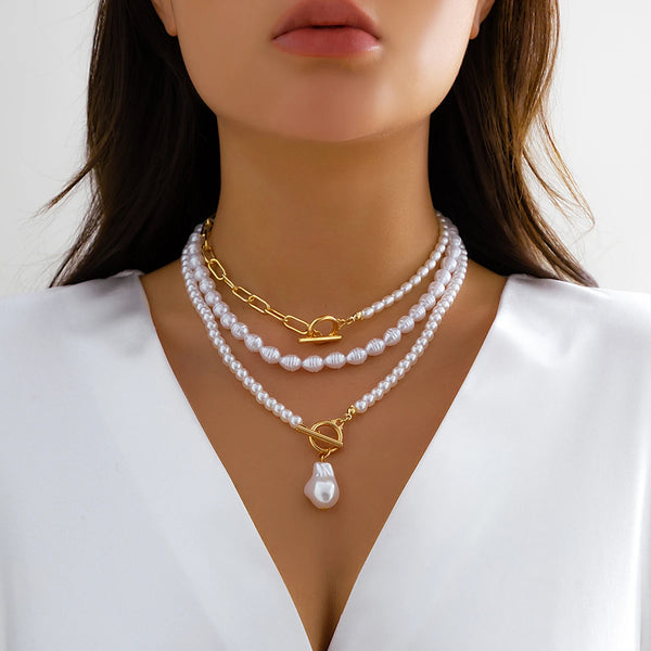 Multilayer Imitation Pearl OT Buckle Pendant Necklace
