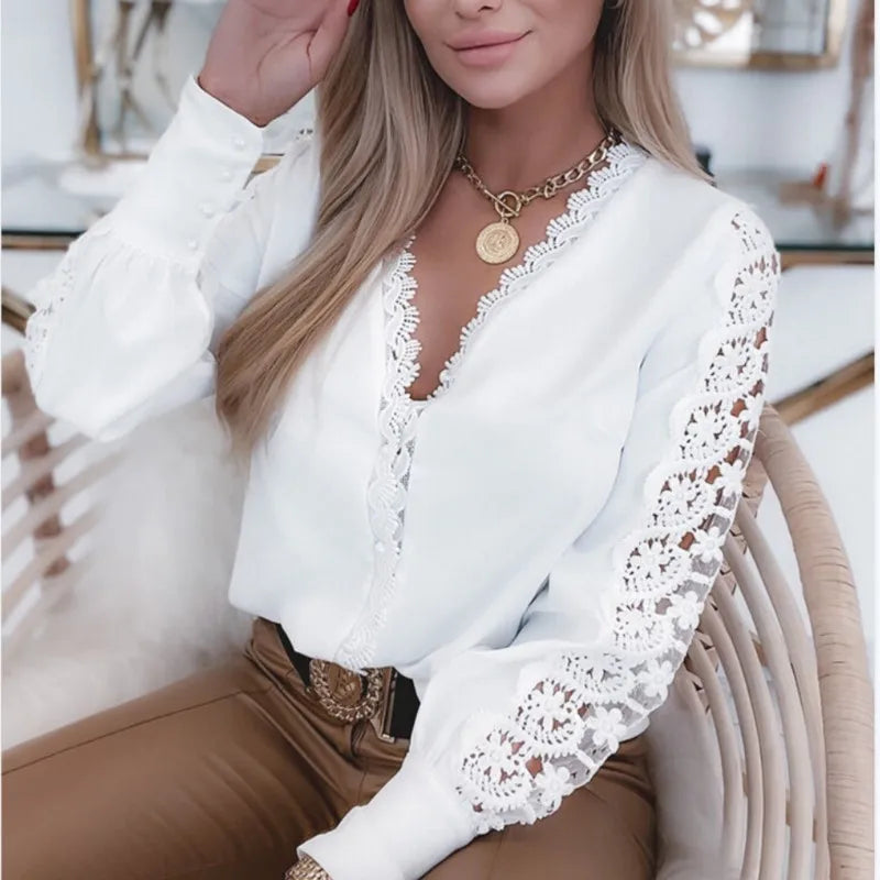 White Long Sleeved V-neck Lace Splice Shirt Elegant