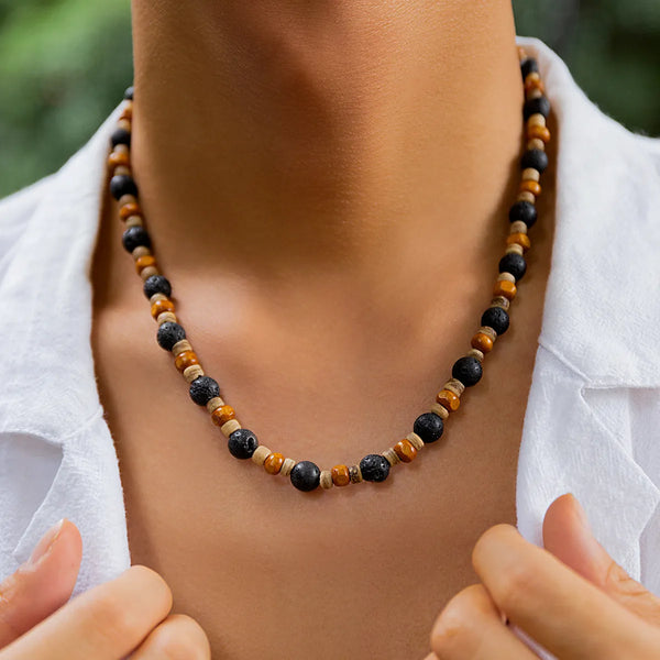 Stone and Wood Beaded Short Choker Necklace